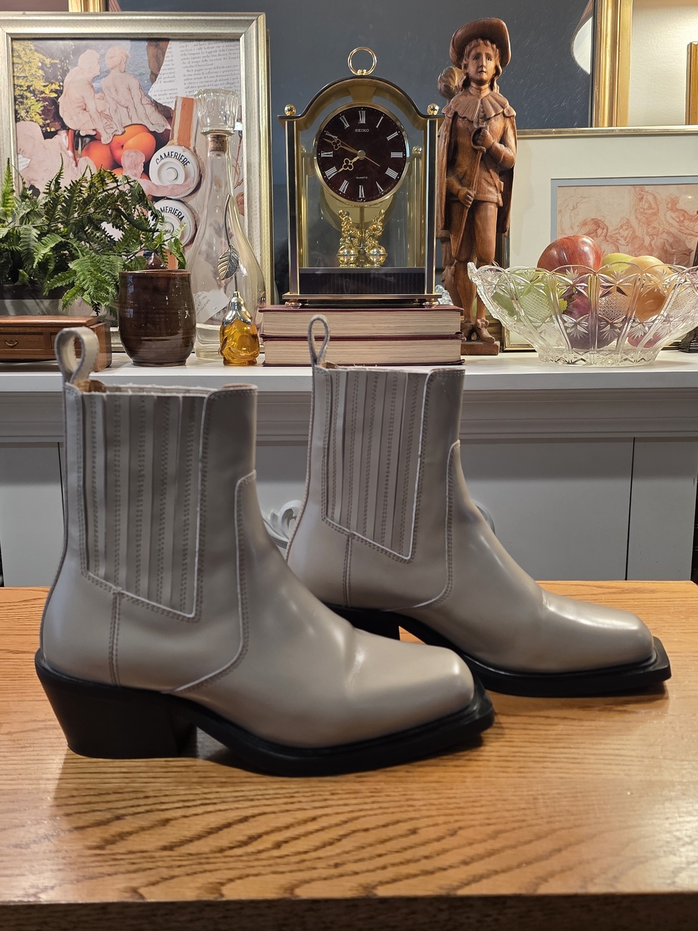 ALOHAS Denver Stone Grey Leather Square Toe Western Chelsea Ankle Boots Size 36